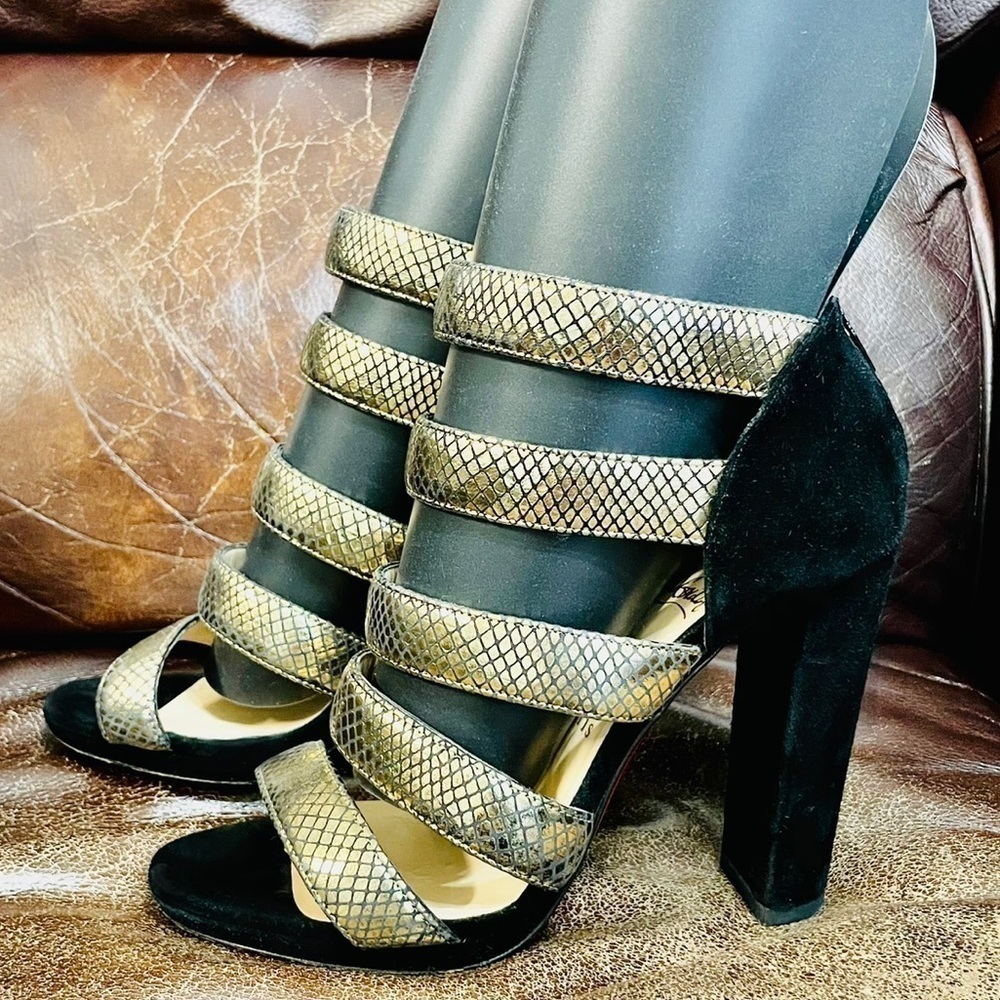 Christian Louboutin Champaign gold bandage sandals.VeauVelour blockheel EU37.5 - Picture 7 of 11